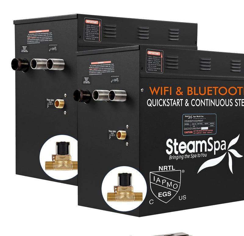 SteamSpa BKWS2400BN-A 24 kW two generator units with AutoDrain valve, front three-quarter view