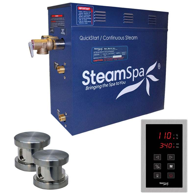 SteamSpa OAT1200BN 12 kW steam generator package with two brushed nickel steamheads, controller and accessories