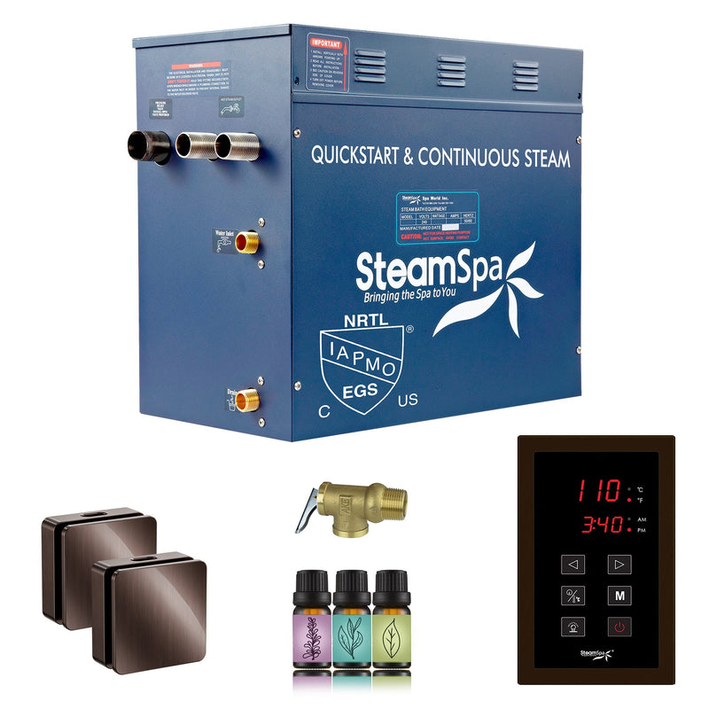 SteamSpa OATS1050OB 10.5 kW steam generator package with two oil rubbed bronze square steamheads, controller and accessories