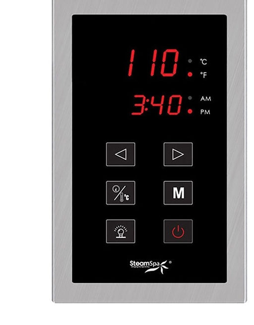 SteamSpa OATS1200BN-A touch control panel with time and temperature display