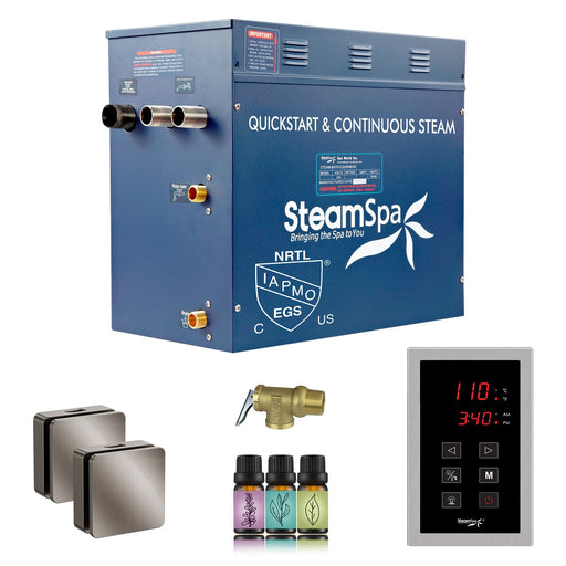 SteamSpa OATS1200BN 12 kW steam generator package with two brushed nickel square steamheads, controller and accessories
