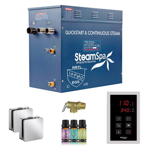 SteamSpa OATS1200CH 12 kW steam generator package with two polished chrome square steamheads, controller and accessories