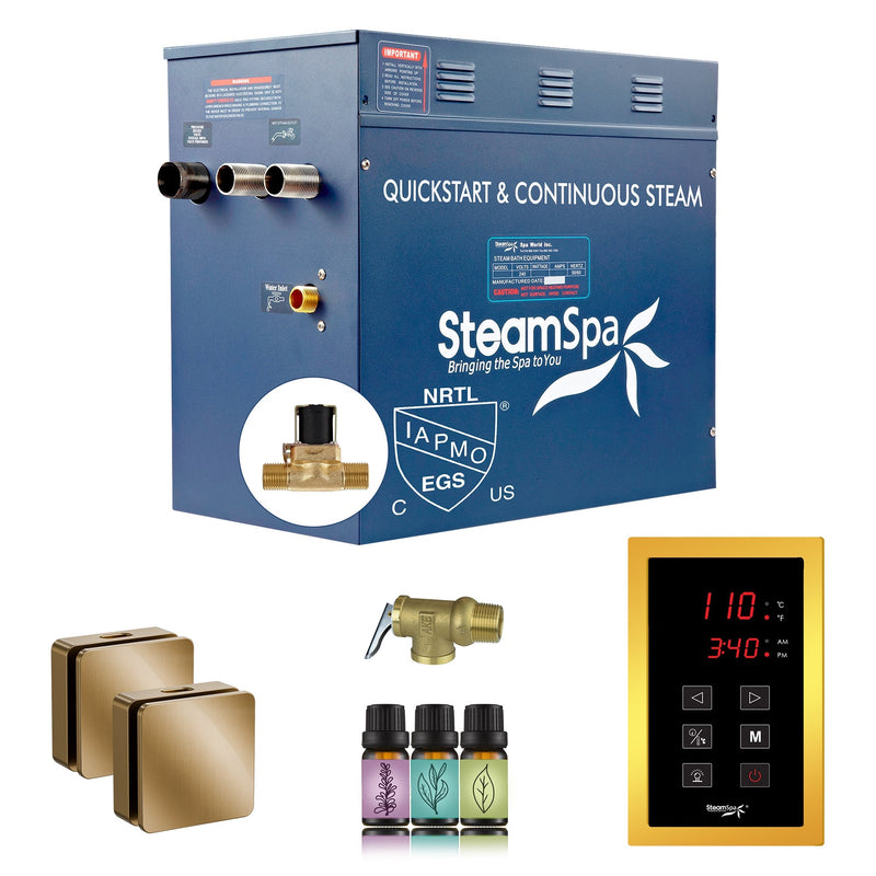 SteamSpa OATS1200GD-A 12 kW steam generator package with two gold square steamheads, controller and accessories