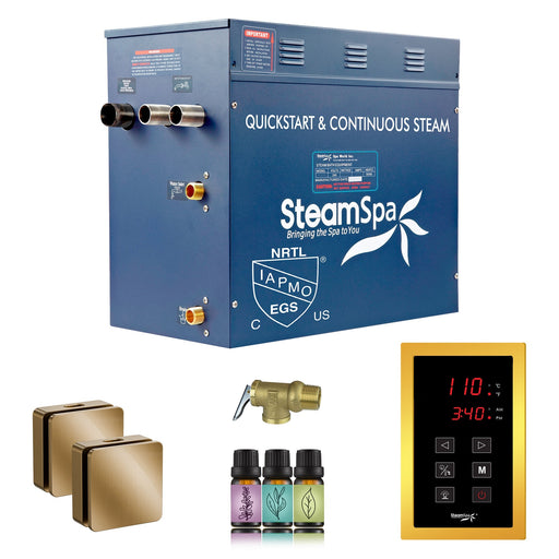 SteamSpa OATS1200GD 12 kW steam generator package with two gold square steamheads, controller and accessories