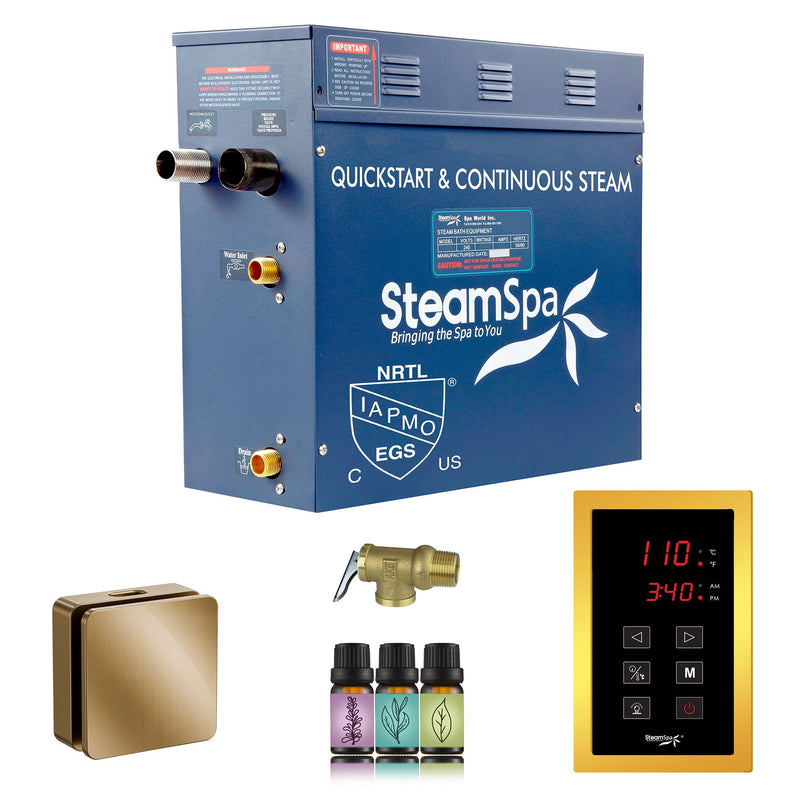 SteamSpa OATS450GD 4.5 kW steam generator package with one gold square steamhead, controller and accessories