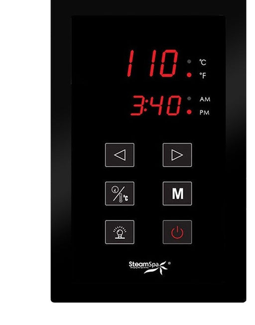 SteamSpa OATS450MB-A touch control panel with time and temperature display