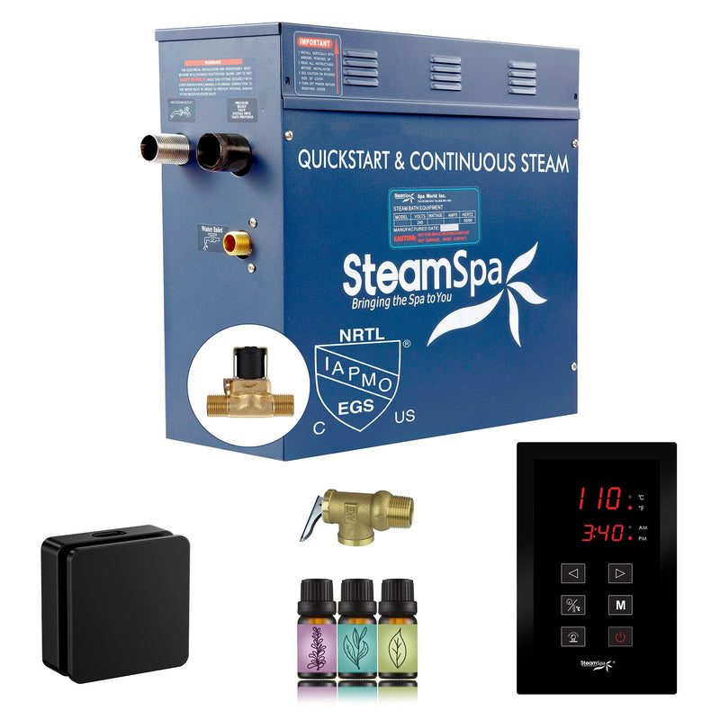 SteamSpa OATS450MB-A 4.5 kW steam generator package with one matte black square steamhead, controller and accessories