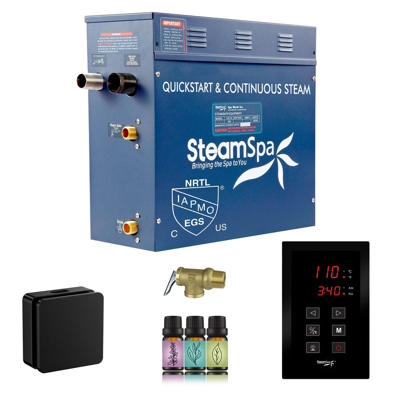 SteamSpa OATS450MB 4.5 kW steam generator package with one matte black square steamhead, controller and accessories