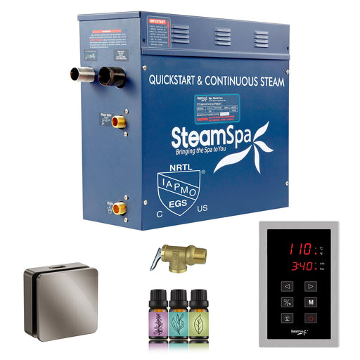 SteamSpa OATS600BN 6 kW steam generator package with one brushed nickel square steamhead, controller and accessories