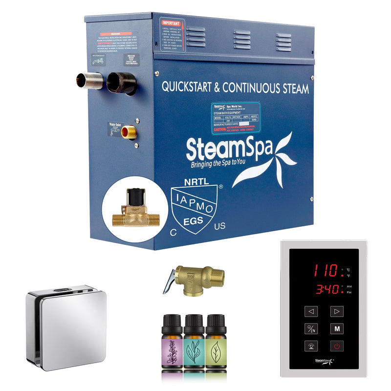 SteamSpa OATS600CH-A 6 kW steam generator package with one polished chrome square steamhead, controller and accessories