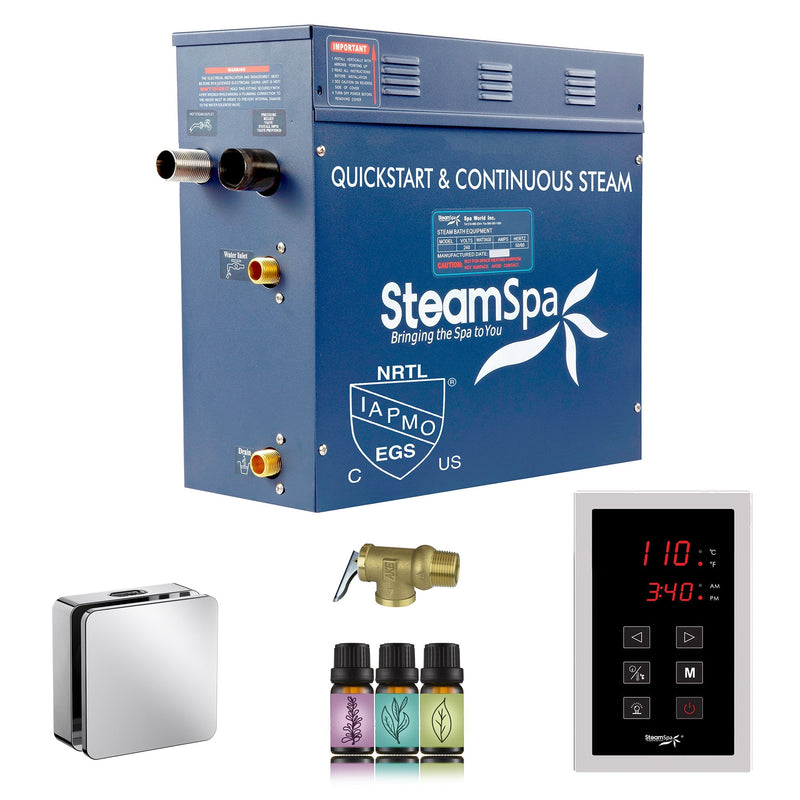 SteamSpa OATS750CH 7.5 kW steam generator package with one polished chrome square steamhead, controller and accessories