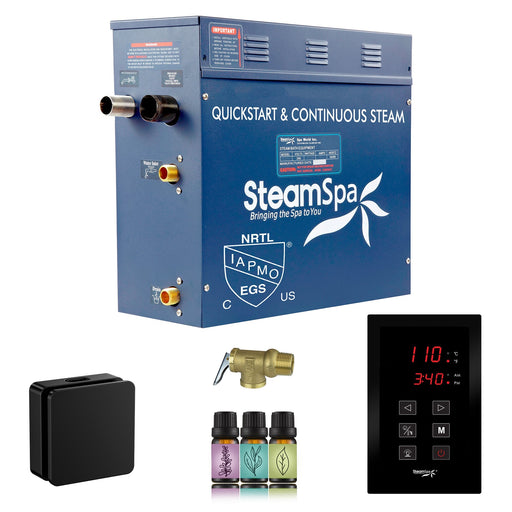 SteamSpa OATS900MB 9 kW steam generator package with one matte black square steamhead, controller and accessories