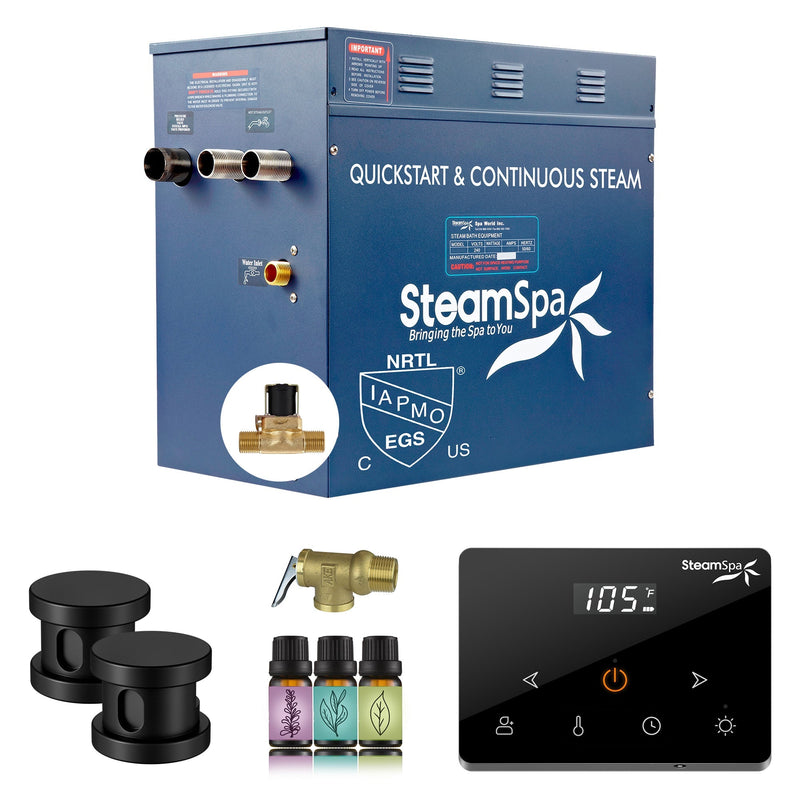 SteamSpa OAW1050MK-A 10.5 kW steam generator package with two matte black steamheads, controller and accessories