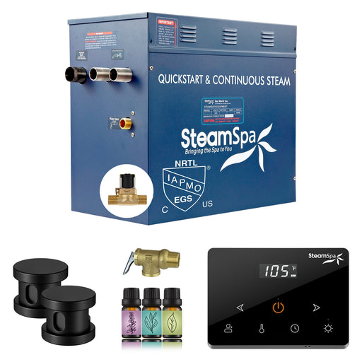 SteamSpa OAW1200MK-A 12 kW steam generator package with two matte black steamheads, controller and accessories