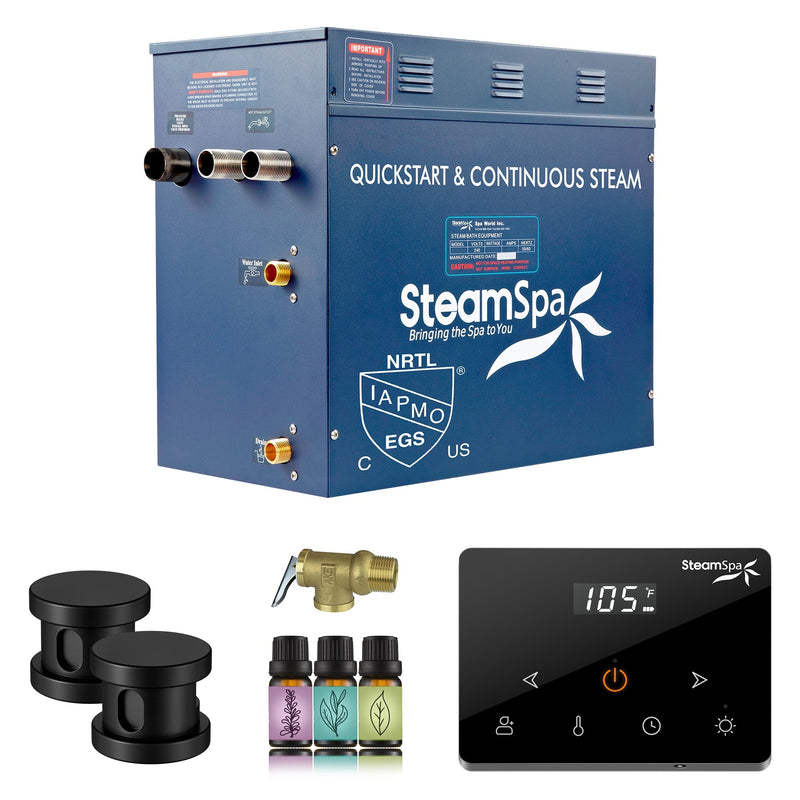 SteamSpa OAW1200MK 12 kW steam generator package with two matte black steamheads, controller and accessories
