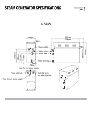 SteamSpa OAW450MK 4.5 kW steam generator dimension drawing, front, side and top views