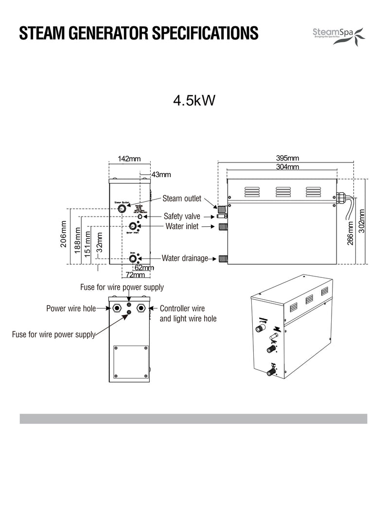 SteamSpa OAW450MK 4.5 kW steam generator dimension drawing, front, side and top views
