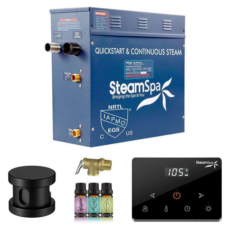 SteamSpa OAW450MK 4.5 kW generator with matte black steamhead, relief valve, aroma oils and wireless control