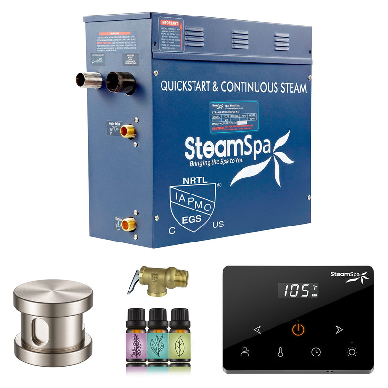 SteamSpa OAW600BN 6 kW steam generator package with one brushed nickel steamhead, controller and accessories