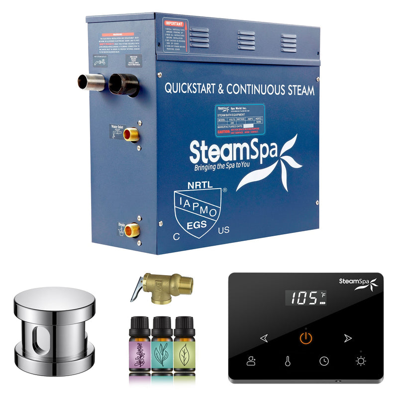 SteamSpa OAW750CH 7.5 kW steam generator package with one polished chrome steamhead, controller and accessories
