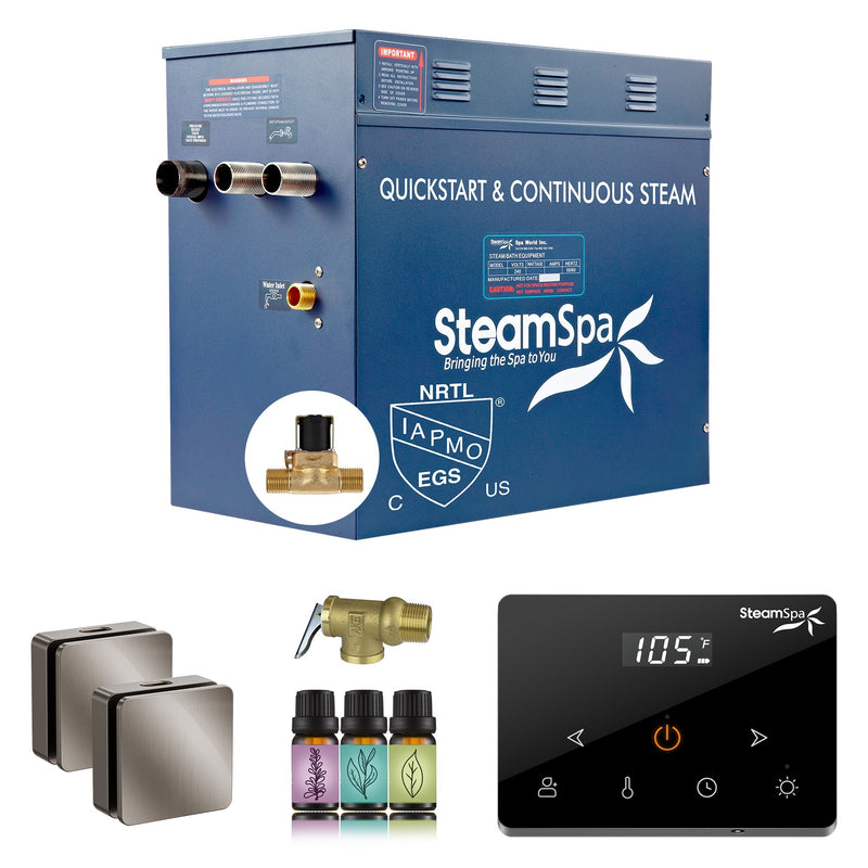 SteamSpa OAWS1050BN-A 10.5 kW steam generator package with two brushed nickel square steamheads, controller and accessories