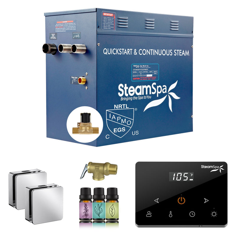 SteamSpa OAWS1050CH-A 10.5 kW steam generator package with two polished chrome square steamheads, controller and accessories