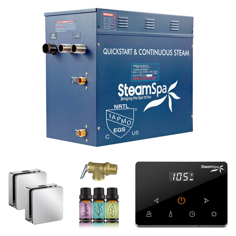 SteamSpa OAWS1050CH 10.5 kW steam generator package with two polished chrome square steamheads, controller and accessories