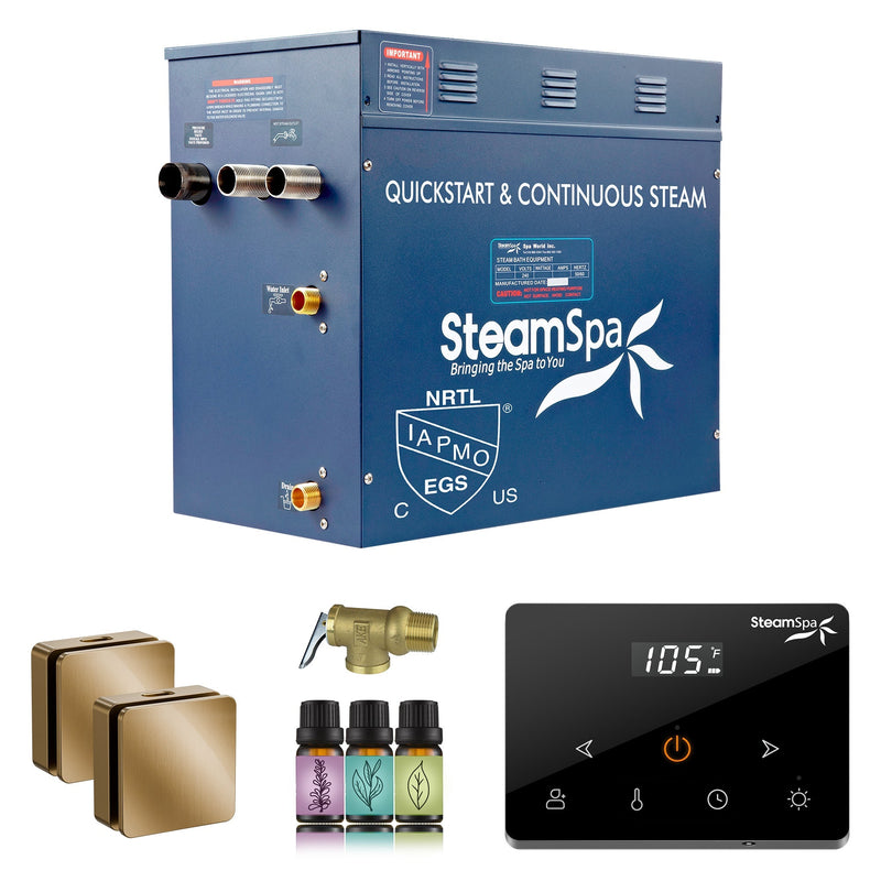 SteamSpa OAWS1050GD 10.5 kW steam generator package with two gold square steamheads, controller and accessories