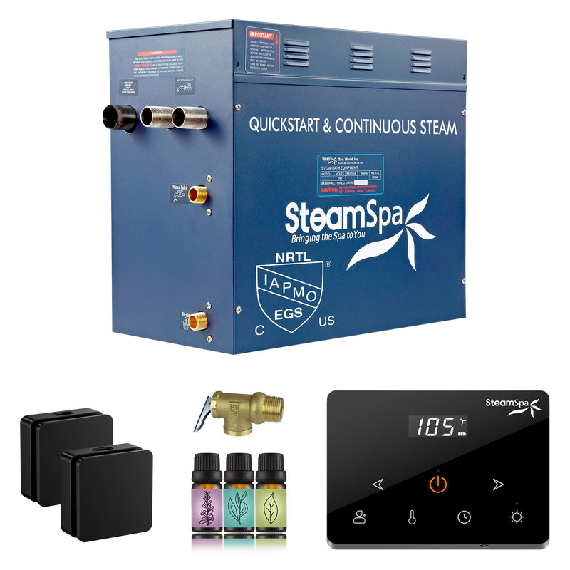 SteamSpa OAWS1050MK 10.5 kW steam generator package with two matte black square steamheads, controller and accessories