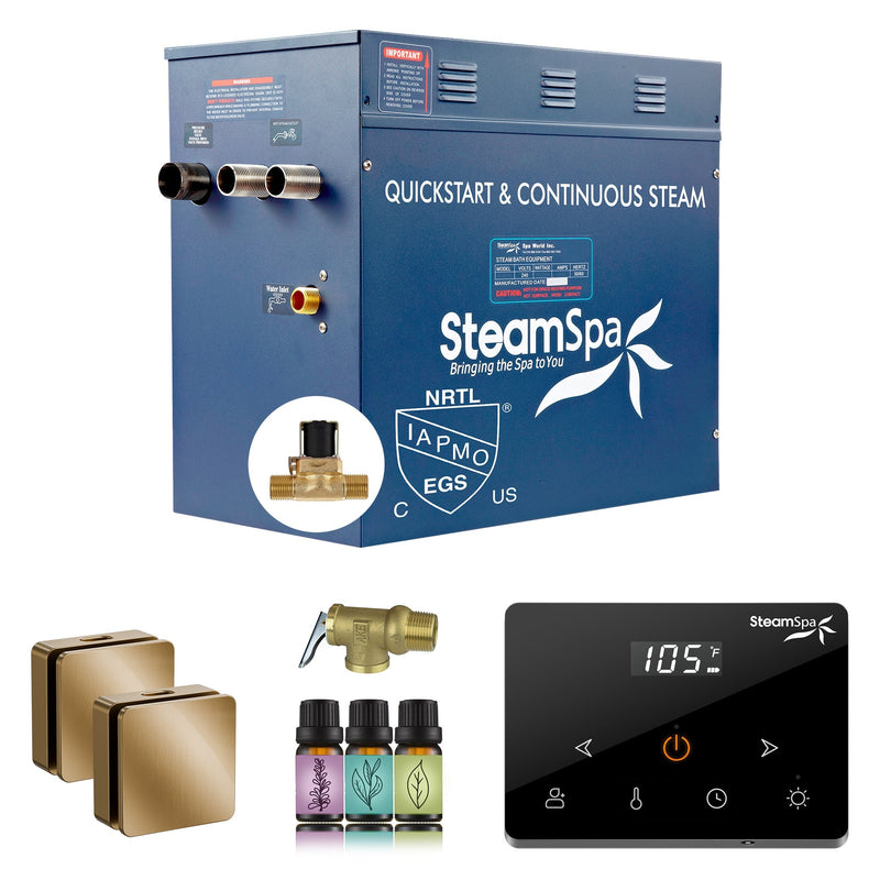 SteamSpa OAWS1200GD-A 12 kW steam generator package with two gold square steamheads, controller and accessories