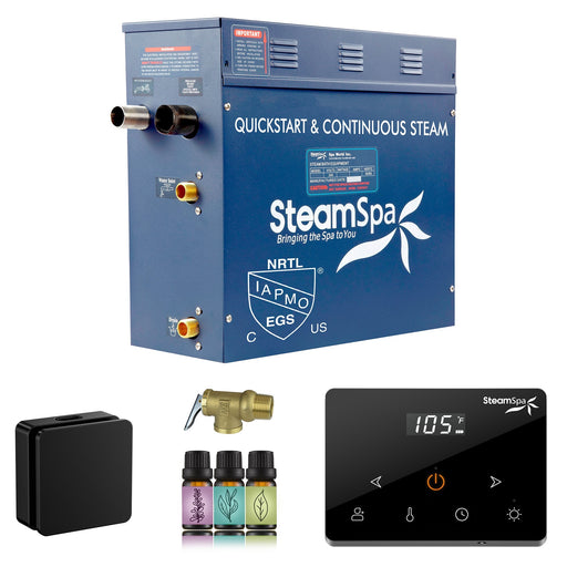 SteamSpa OAWS450MK 4.5 kW steam generator package with one matte black square steamhead, controller and accessories