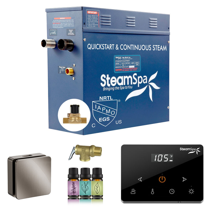 SteamSpa OAWS600BN-A 6 kW steam generator package with one brushed nickel square steamhead, controller and accessories