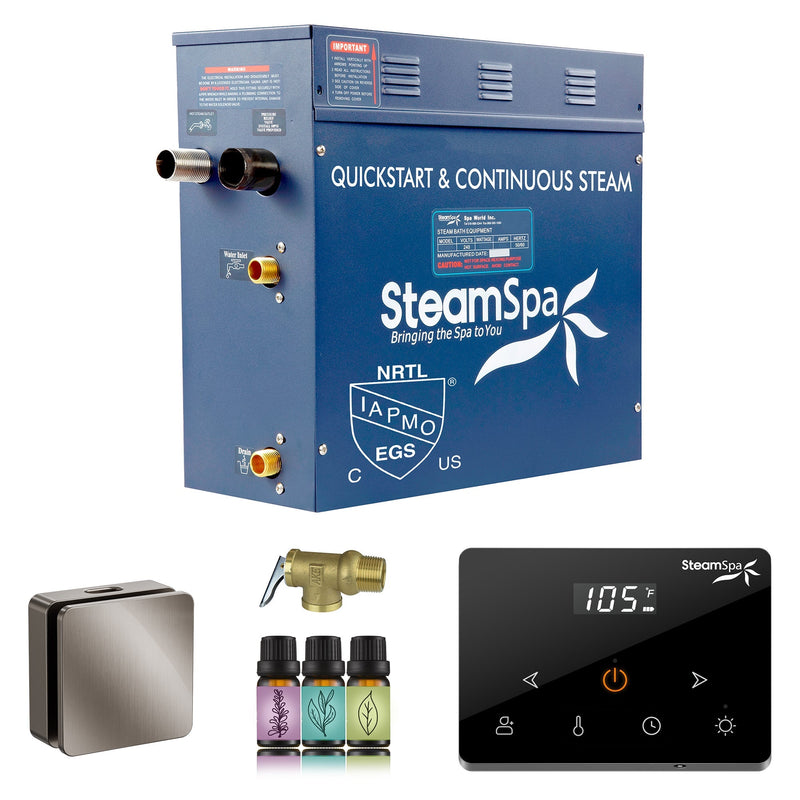 SteamSpa OAWS600BN 6 kW steam generator package with one brushed nickel square steamhead, controller and accessories