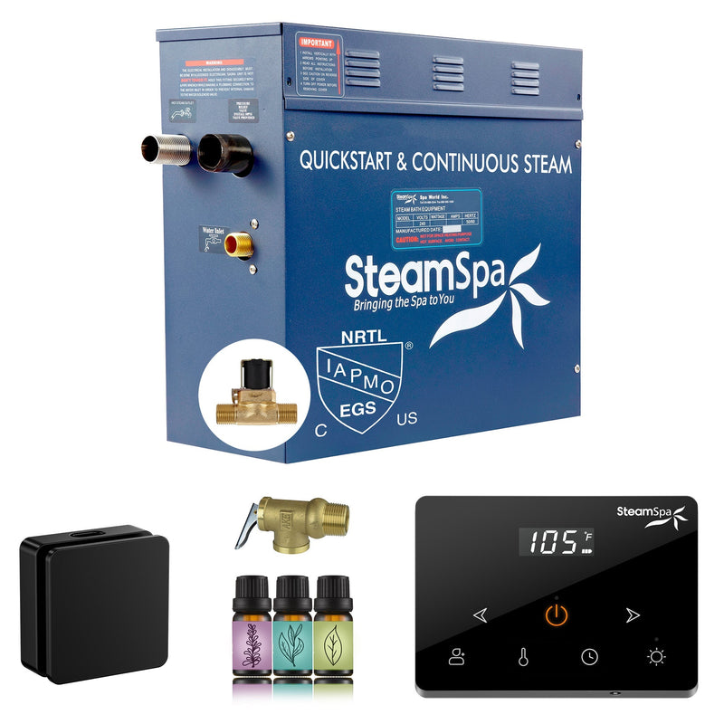 SteamSpa OAWS600MK-A 6 kW steam generator package with one matte black square steamhead, controller and accessories