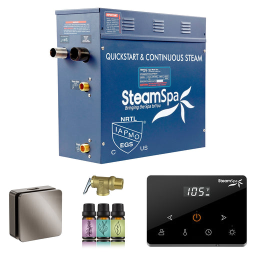 SteamSpa OAWS750BN 7.5 kW steam generator package with one brushed nickel square steamhead, controller and accessories