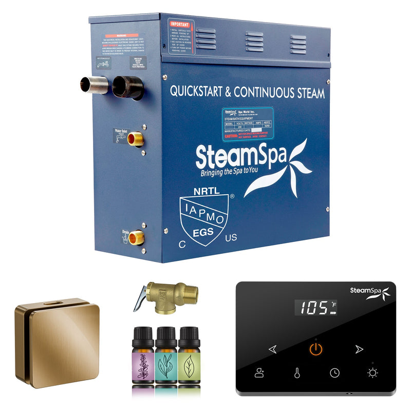 SteamSpa OAWS750GD 7.5 kW steam generator package with one gold square steamhead, controller and accessories