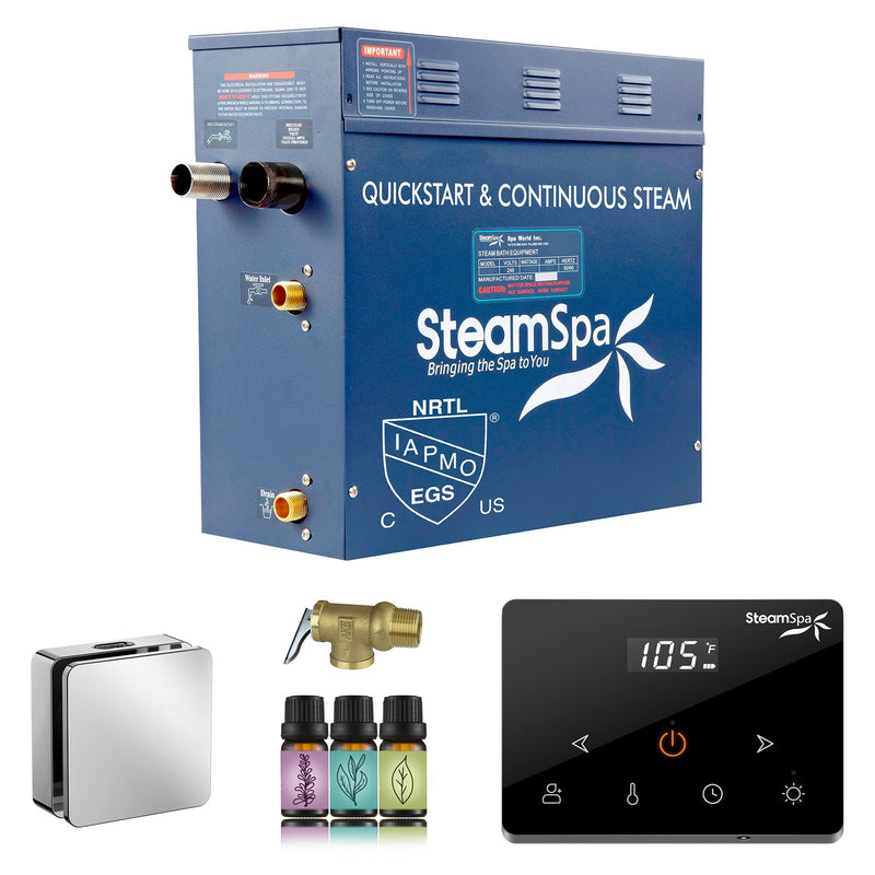 SteamSpa OAWS900CH 9 kW steam generator package with one polished chrome square steamhead, controller and accessories