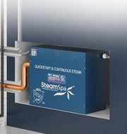 SteamSpa OAWS900GD-A steam generator installed in a wall cavity outside the shower