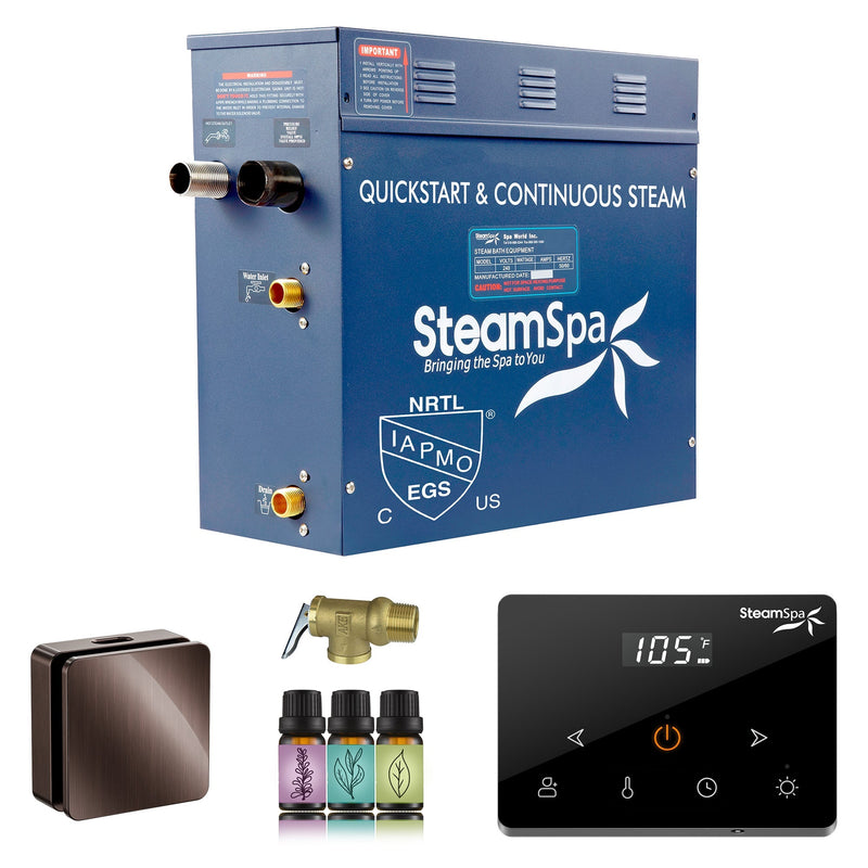 SteamSpa OAWS900OB 9 kW steam generator package with one oil rubbed bronze square steamhead, controller and accessories
