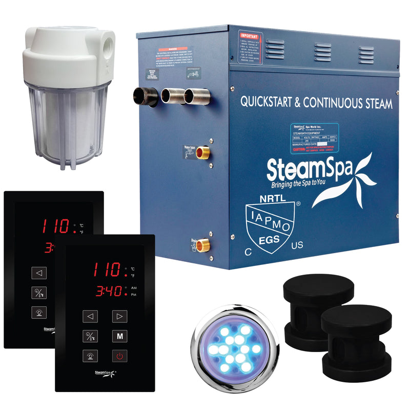SteamSpa RYT1050MK 10.5 kW steam generator package with two matte black steamheads, controller and accessories