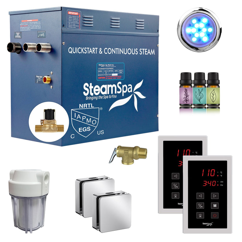 SteamSpa RYTS1050CH-A 10.5 kW steam generator package with two polished chrome square steamheads, controller and accessories