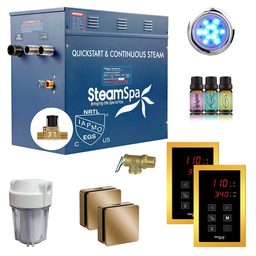 SteamSpa RYTS1050GD-A 10.5 kW steam generator package with two gold square steamheads, controller and accessories