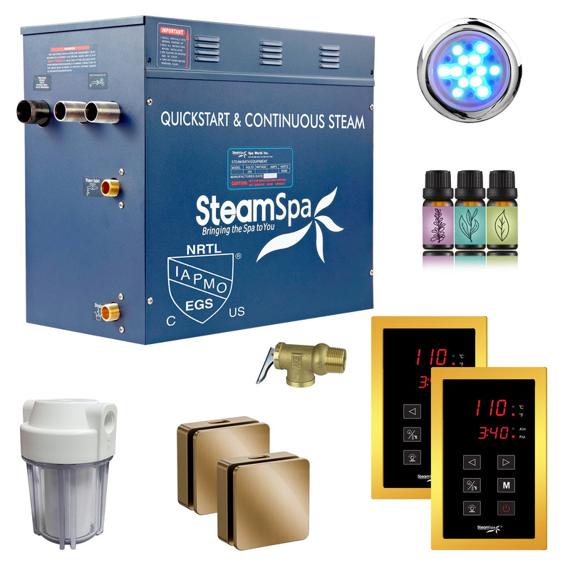 SteamSpa RYTS1050GD 10.5 kW steam generator package with two gold square steamheads, controller and accessories