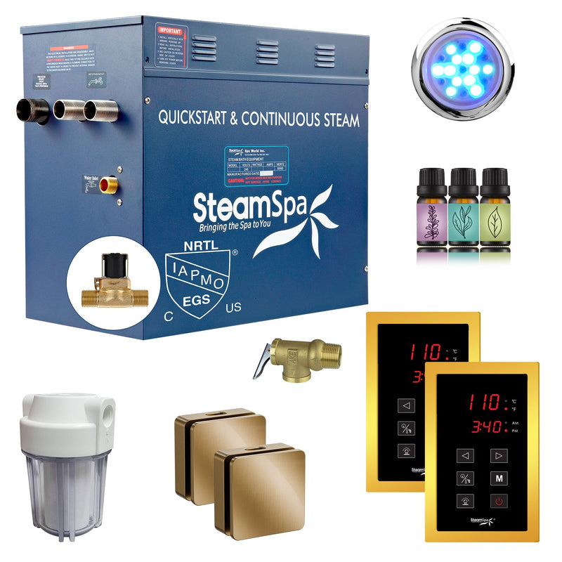 SteamSpa RYTS1200GD-A 12 kW steam generator package with two gold square steamheads, controller and accessories