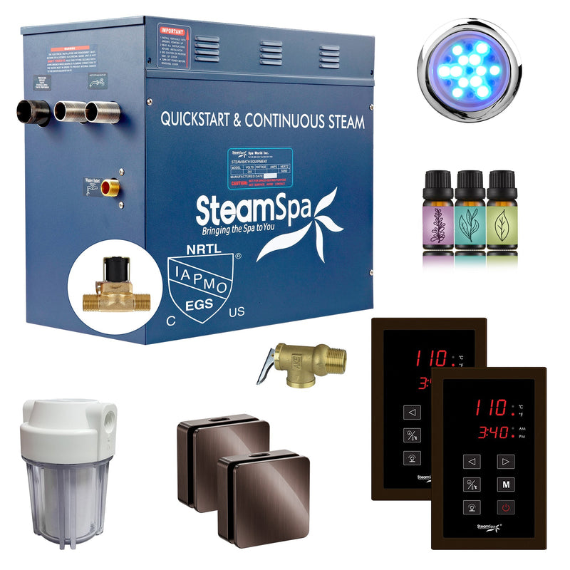 SteamSpa RYTS1200OB-A 12 kW steam generator package with two oil rubbed bronze square steamheads, controller and accessories