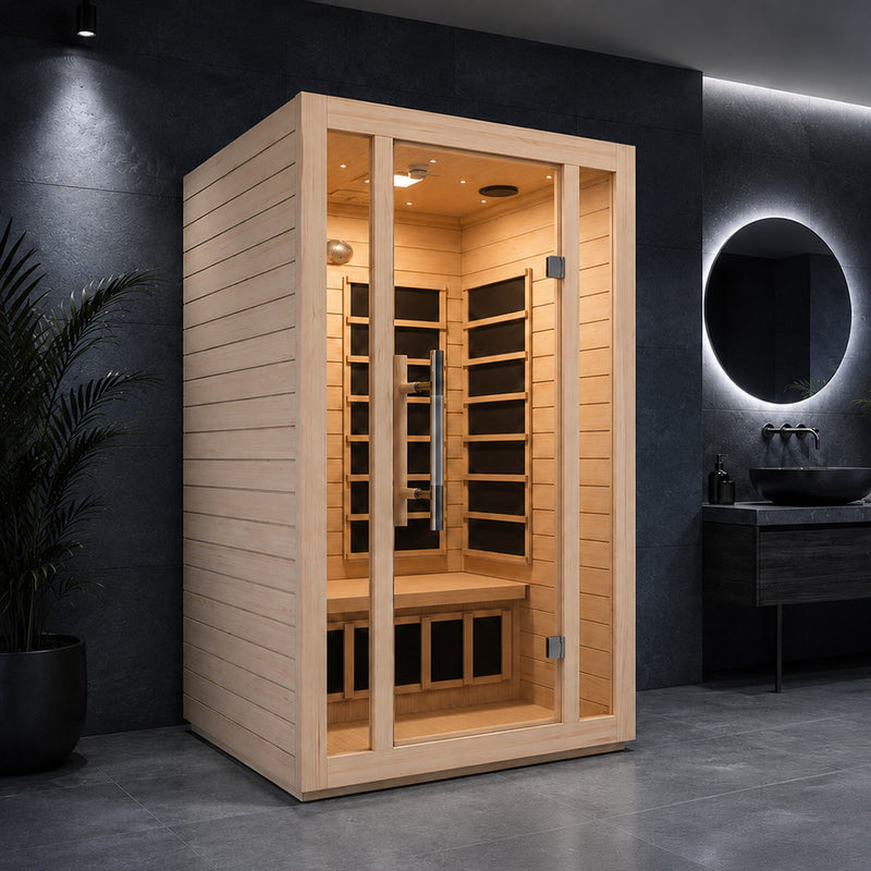 SteamSpa SC-SS0008-2P Ischia infrared sauna with glass door against a dark wall
