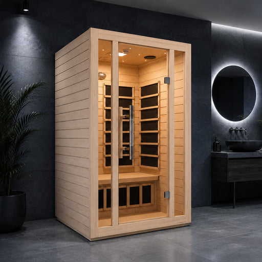 SteamSpa SC-SS0008-2P Ischia infrared sauna with glass door against a dark wall