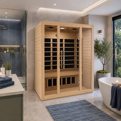 SteamSpa SC-SS0008-3P infrared sauna in a bright bathroom beside a tub