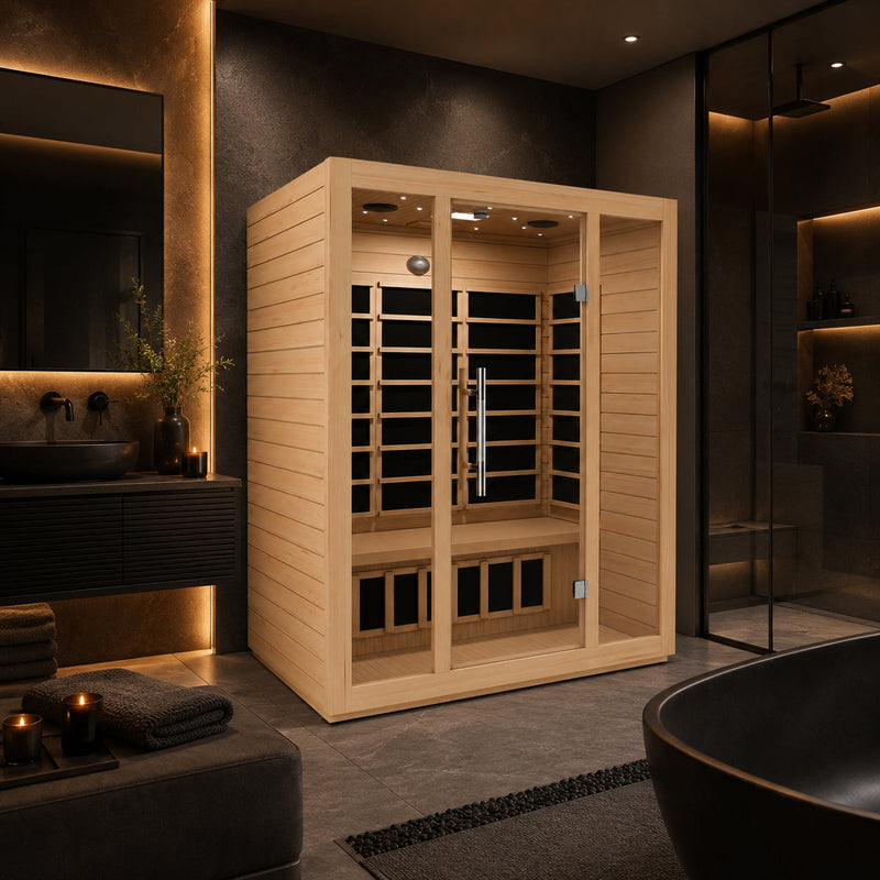 SteamSpa SC-SS0008-3P infrared sauna in a dark stone bathroom