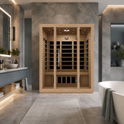 SteamSpa SC-SS0008-3P infrared sauna in a spa bathroom with a stone floor